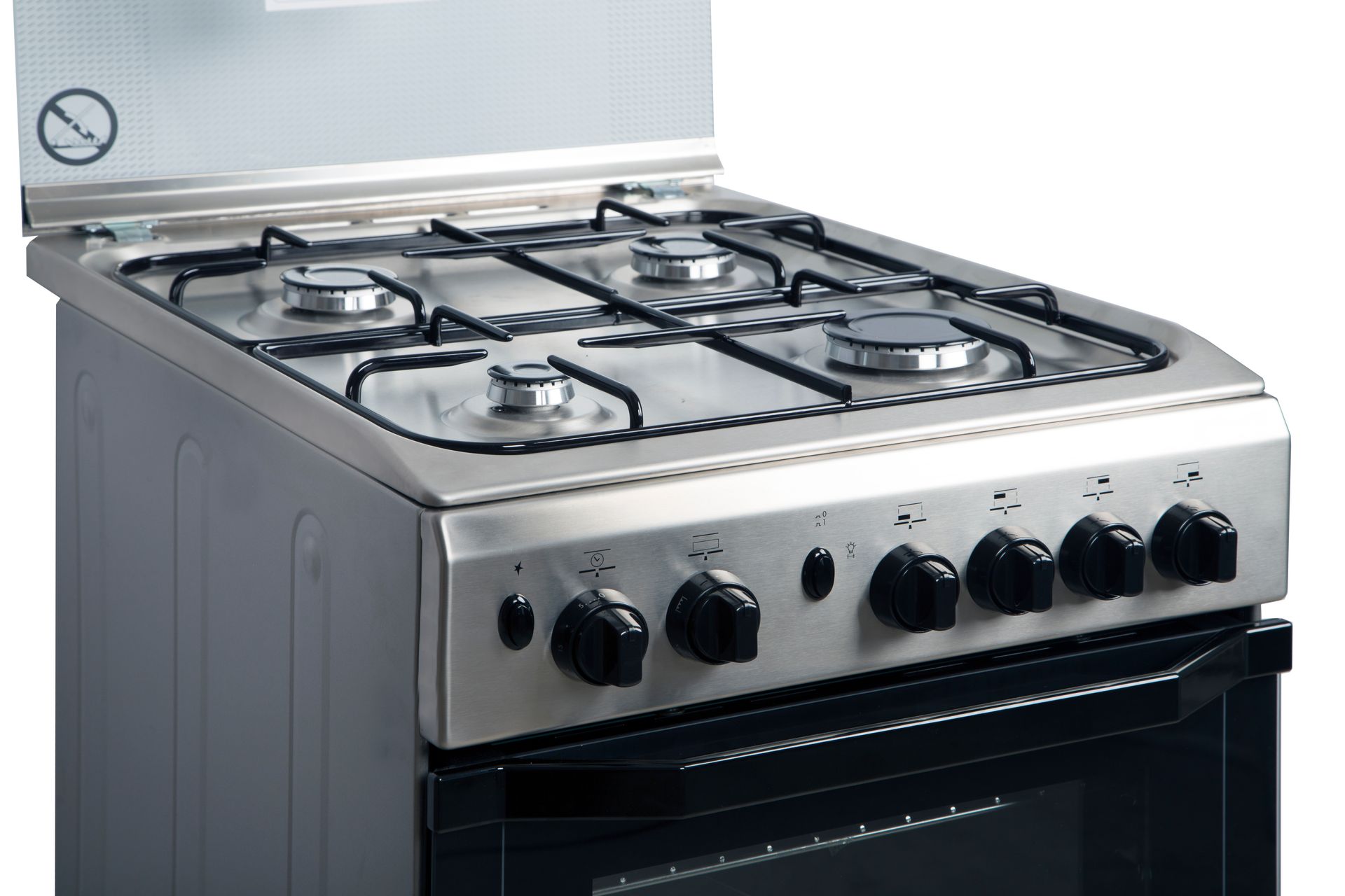 Stainless steel gas range with four burners, control knobs, and oven.