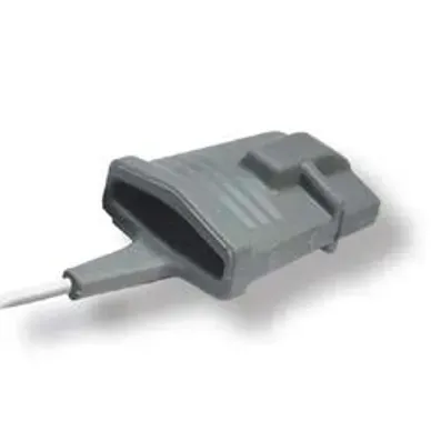 A close up of a gray object with a wire attached to it on a white background.