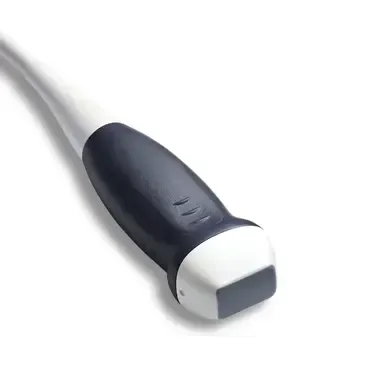 A close up of a black and white ultrasound probe on a white background.