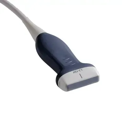 A close up of an ultrasound probe on a white background.