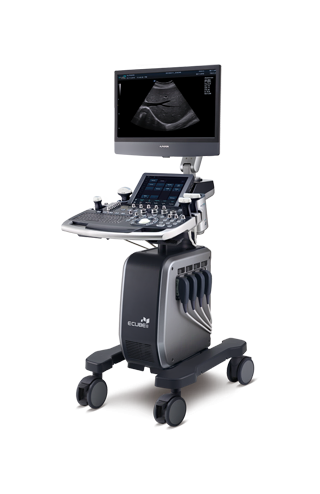 An ultrasound machine is sitting on top of a cart on a white background.