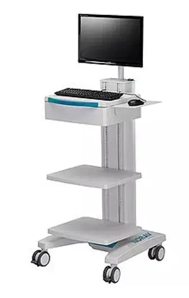 A computer cart with a monitor , keyboard and mouse on it.