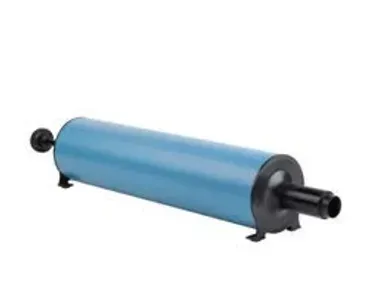A blue cylinder with a black hose attached to it on a white background.