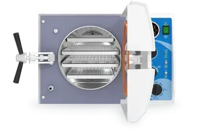 A dental autoclave with the door open on a white background.