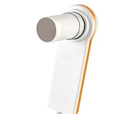 A close up of a white and orange device on a white background.