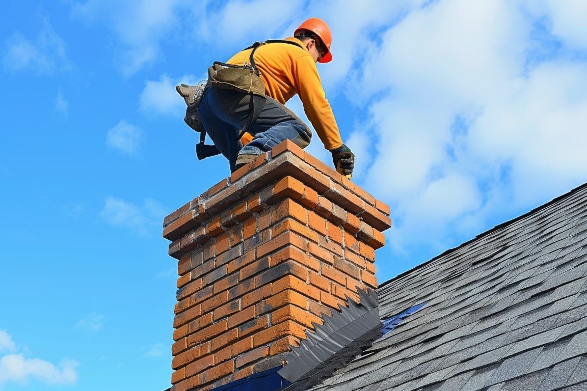 Roofer in orange shirt and hard hat, atop a brick chimney, on a shingled roof, blue sky background.