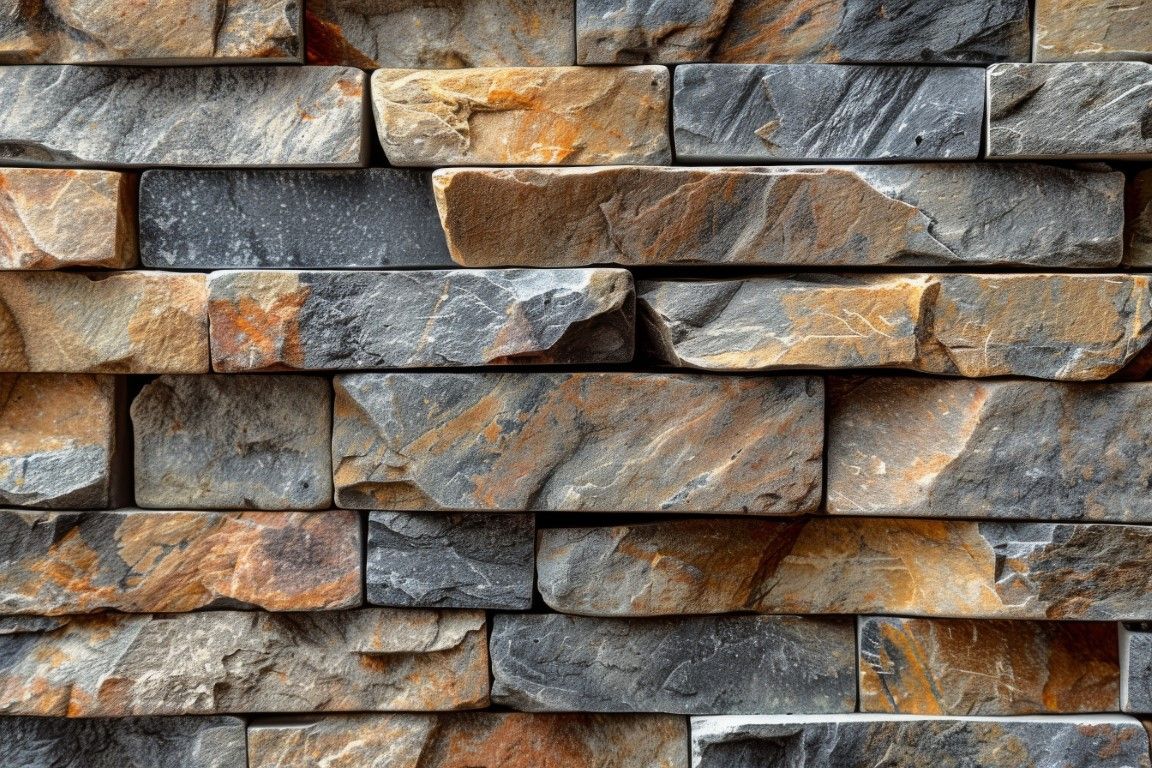 Stacked stone wall with shades of gray, brown, and orange.