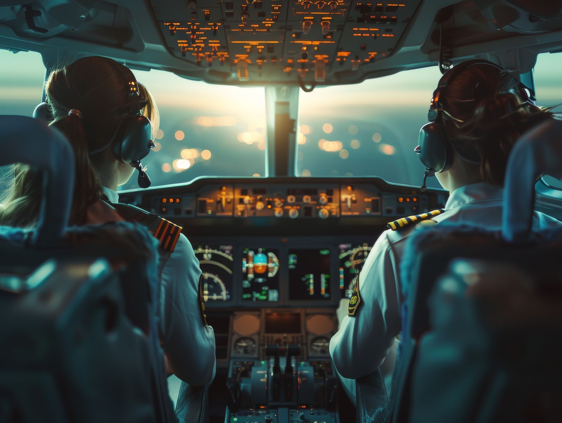 Two pilots in cockpit at sunset, flying over city lights.