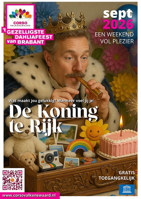 Evenementposter met een gekroonde man op een troon, de titel 
