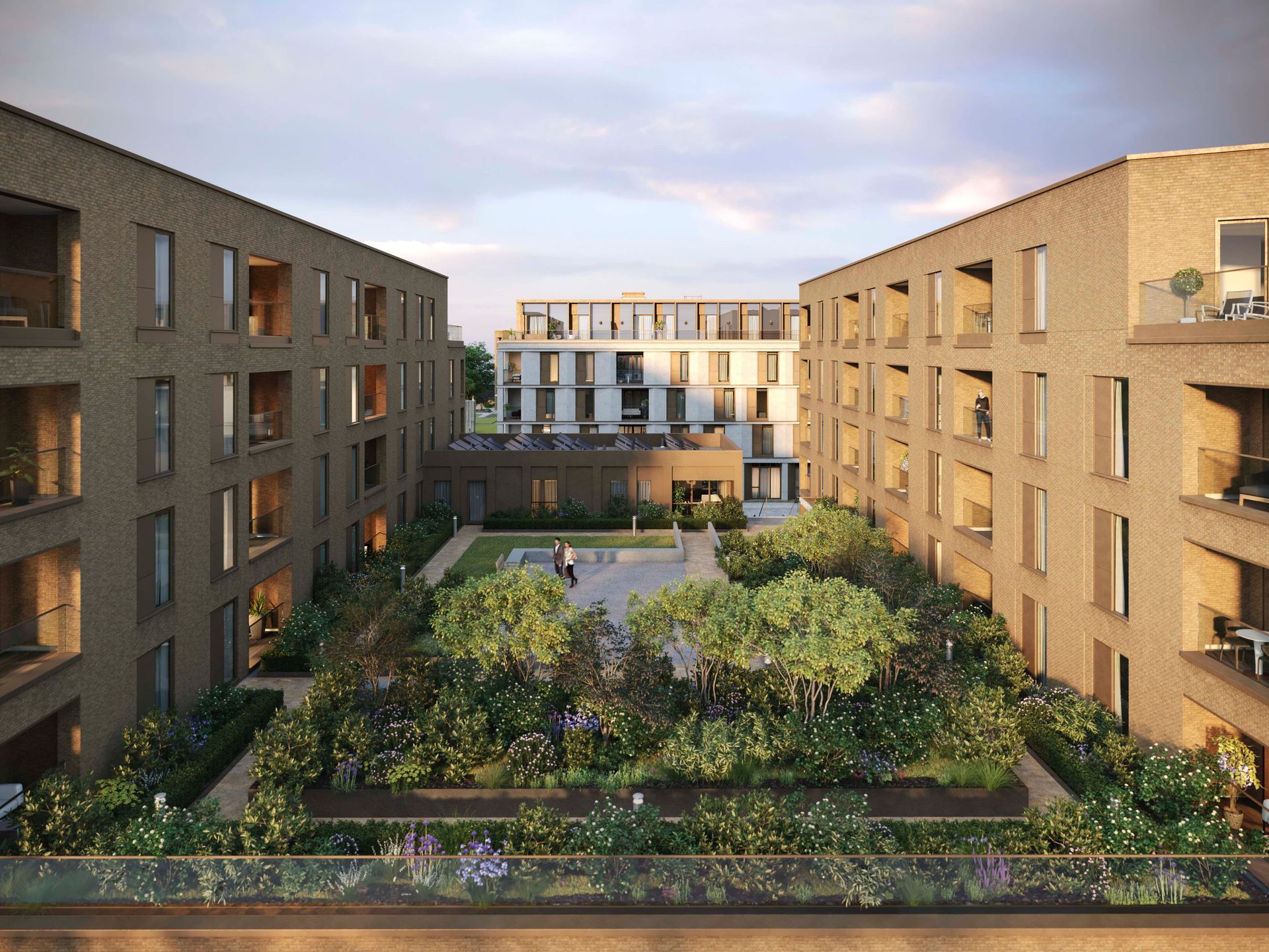 An artist 's impression of a large apartment building with a garden in the middle at Walton Court.