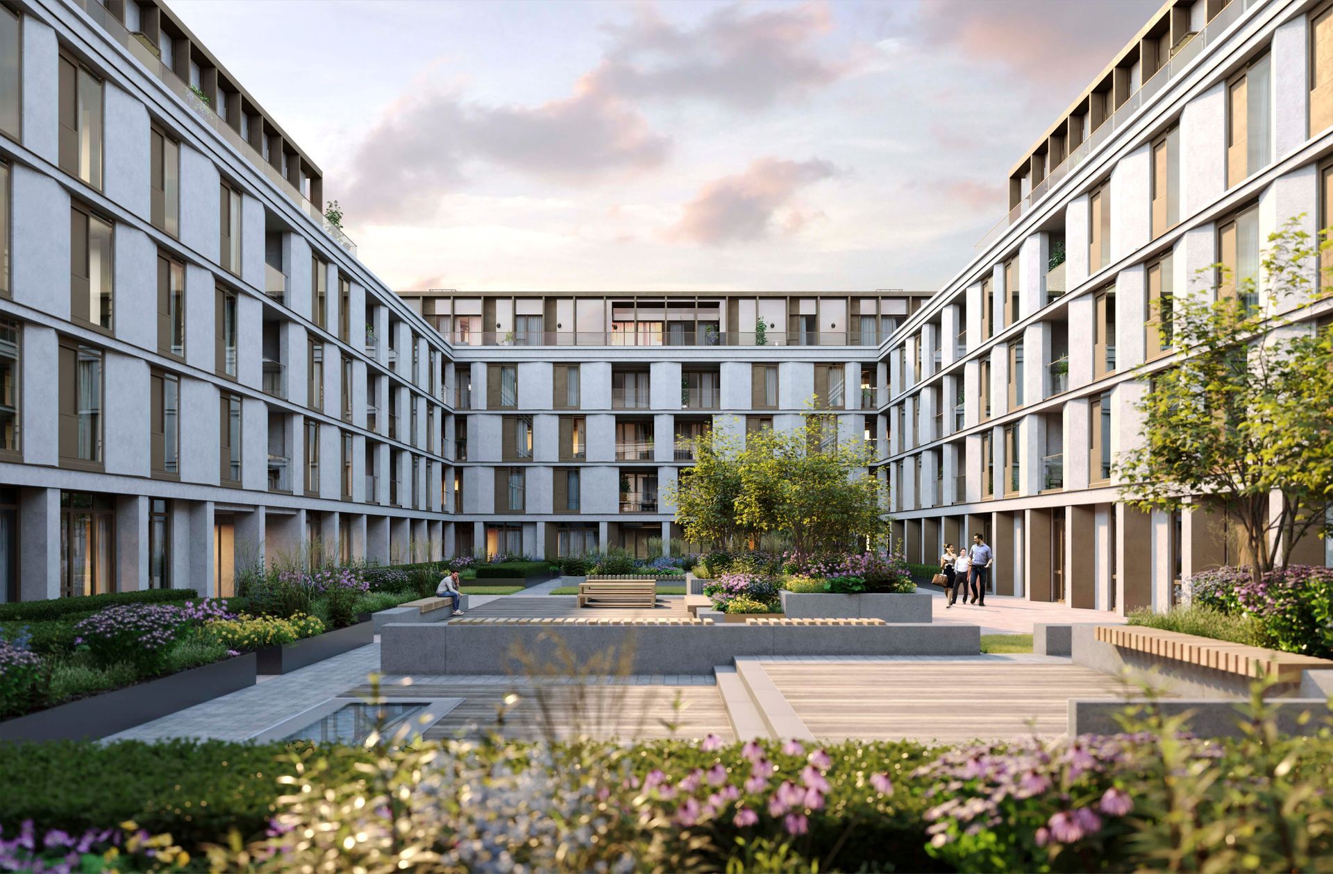An artist 's impression of a courtyard between two large buildings at Walton Court.