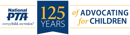 National PTA logo celebrating 125 years of advocating for children. Blue, gold, and white.