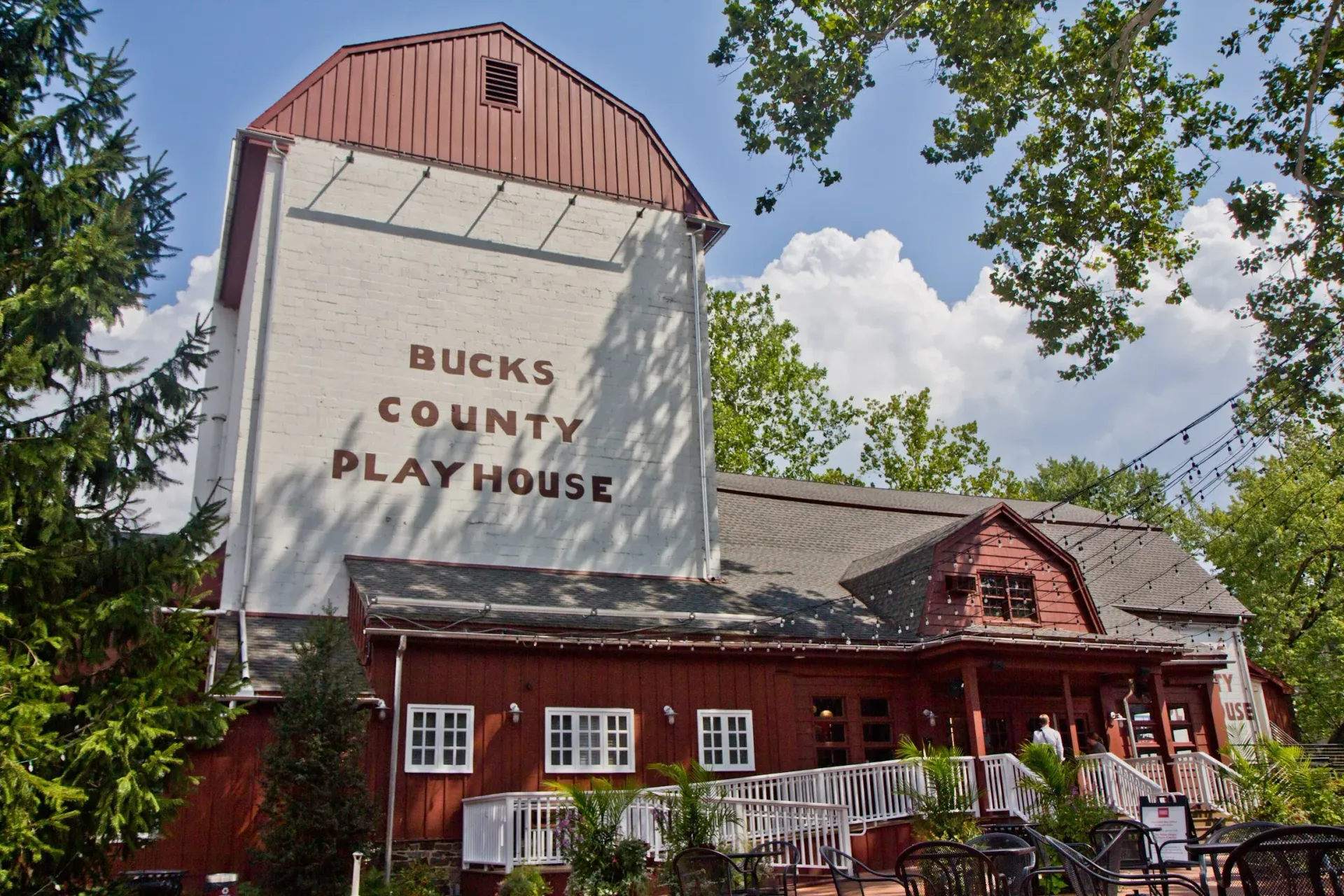 The Bucks County Playhouse, a rustic red building with a tall, white, barn-style tower, set among trees under a blue sky.