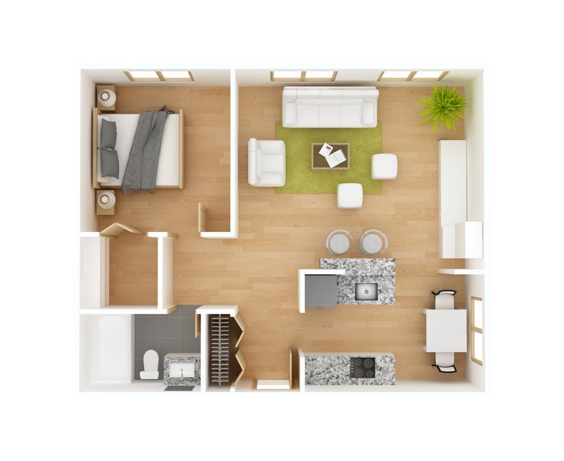 A floor plan of a small apartment with a bedroom , living room , dining room , and bathroom.