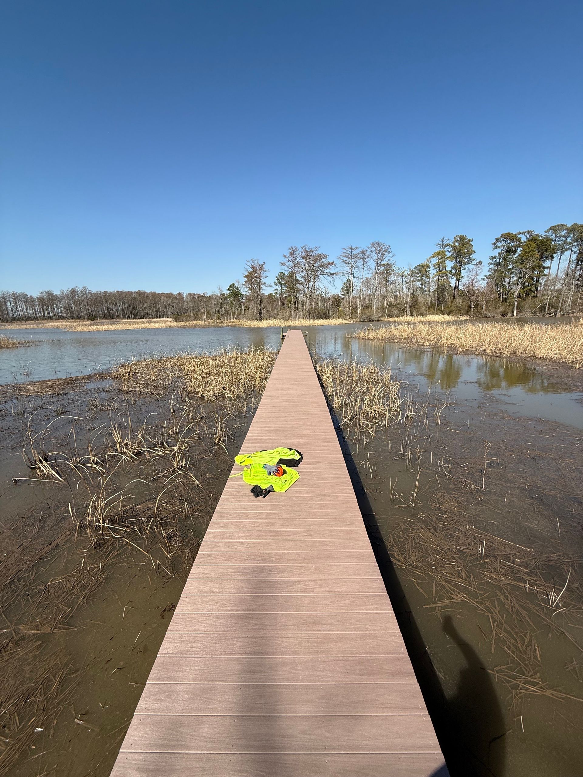 Wooden dock extends over marshy water towards trees; green object on dock. Blue sky.