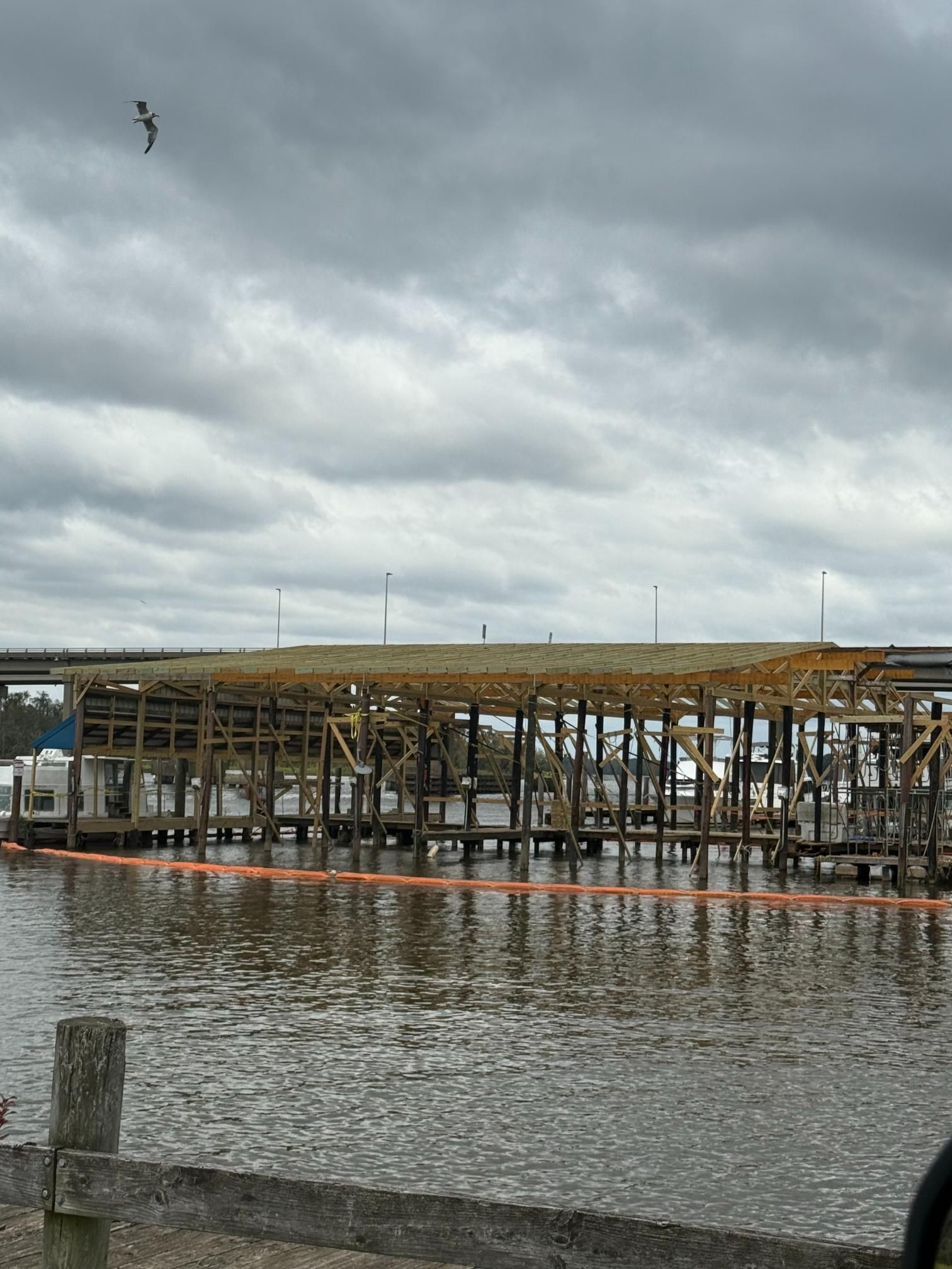 Dock with exposed wooden structure on water under a cloudy sky; a seagull flies overhead.