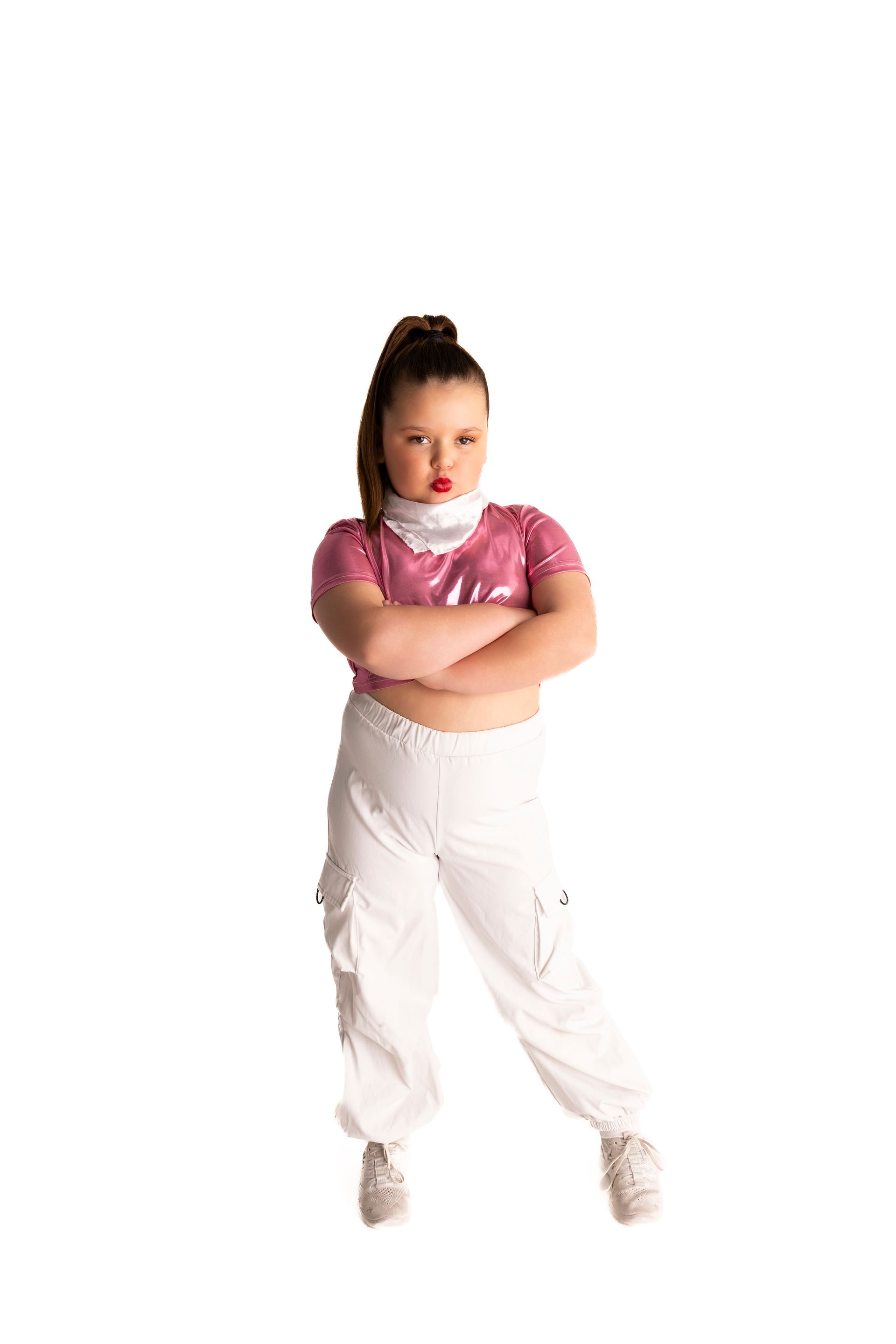 Girl in Pink Sequin Top and White Pants, Arms Crossed — iDance Performance Co In Medowie, NSW