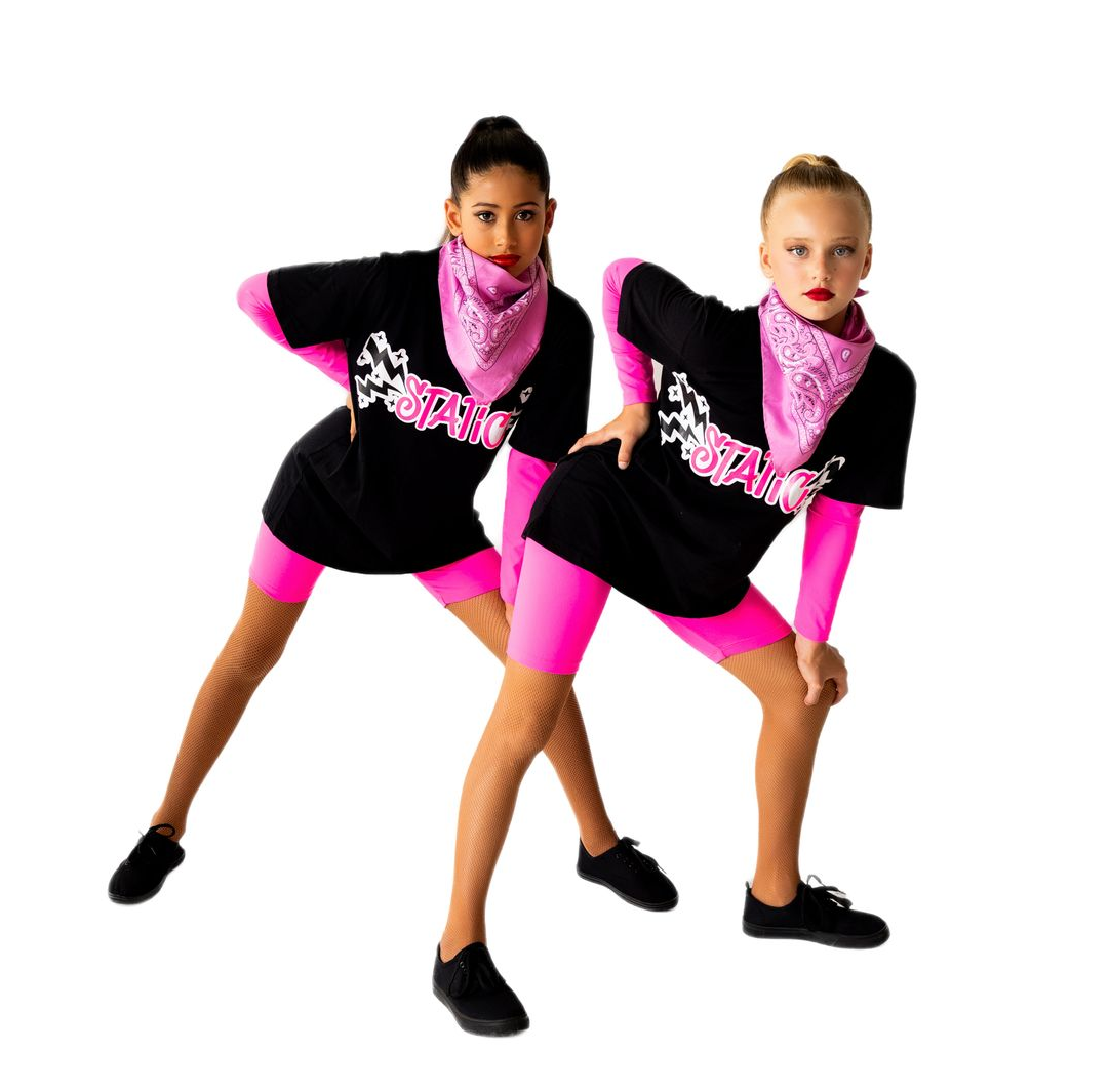 Two Dancers in Black Shirts, Pink Leggings and Bandanas, Posing With Hands on Hips — iDance Performance Co In Medowie, NSW