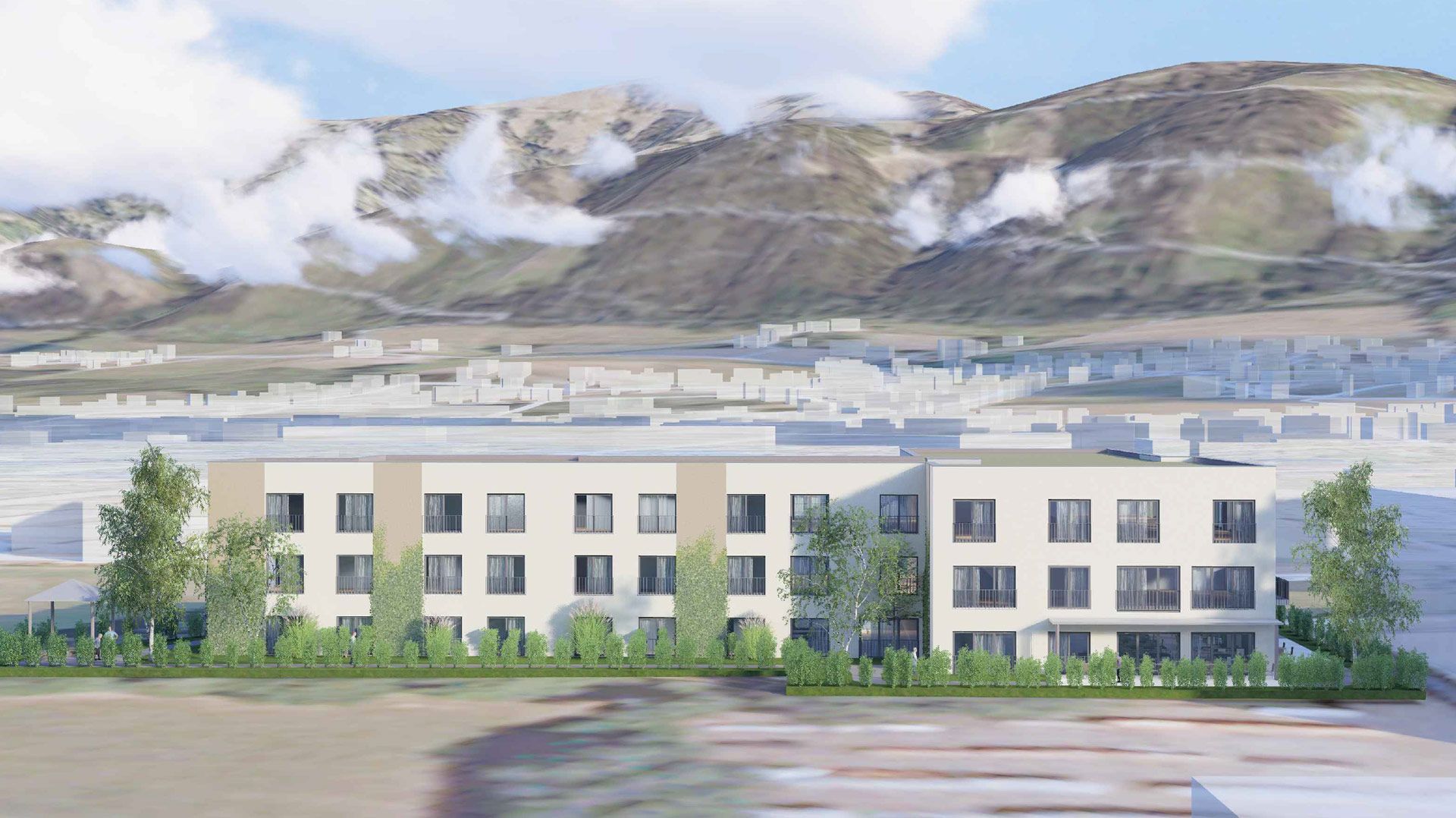 Künstlerische Darstellung eines Gebäudes mit Bergen im Hintergrund.