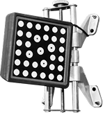 Wheel alignment tool with a grid of white dots on a black square. Mounted on a silver metal frame. | Tires On Location