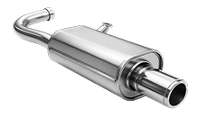Shiny, silver car muffler with an inlet pipe and exhaust outlet. | Tires On Location