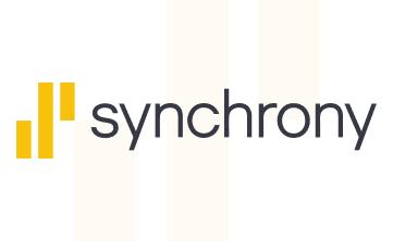 Logo of Synchrony: Yellow bars to the left of the gray word