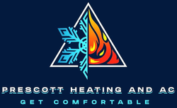 Prescott Heating and AC logo: snowflake and flame in triangle, text "Prescott Heating and AC" and "Get Comfortable".