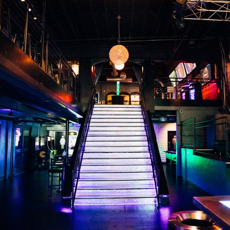 Staircase at Silverball bar in Columbia, Missouri.
