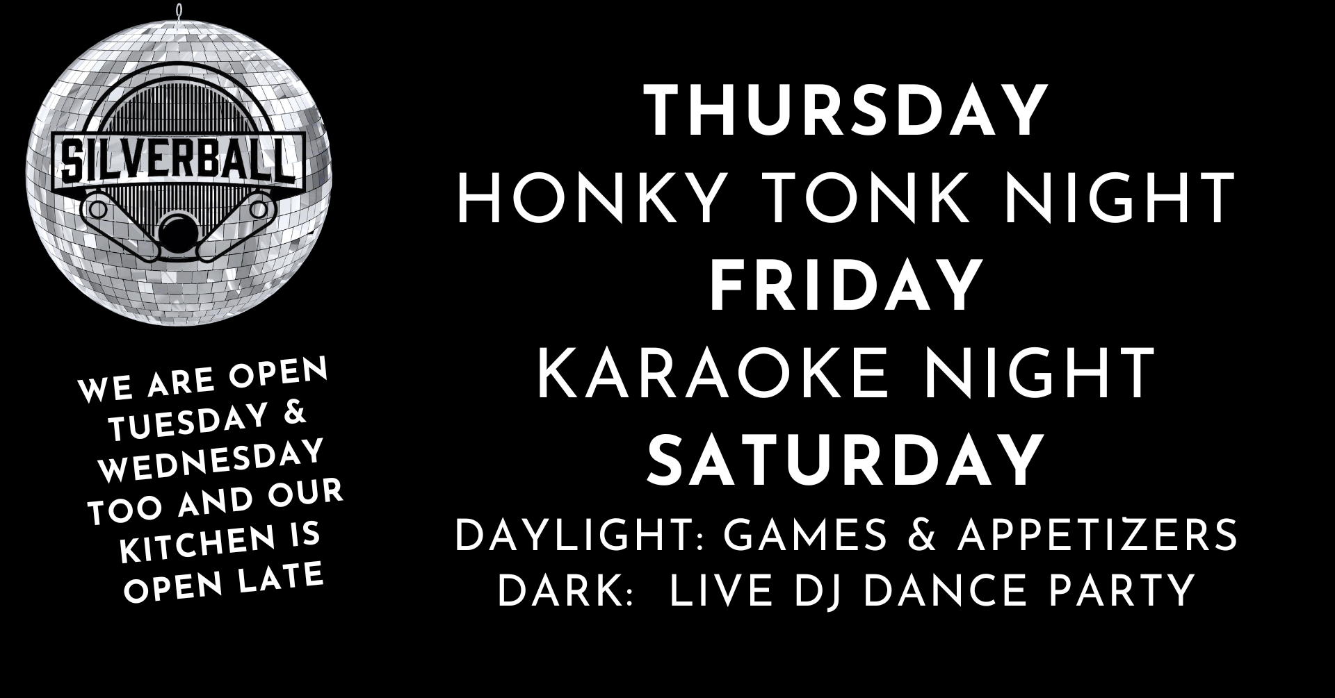 Weekly events list at Silverball in Columbia Missouri.