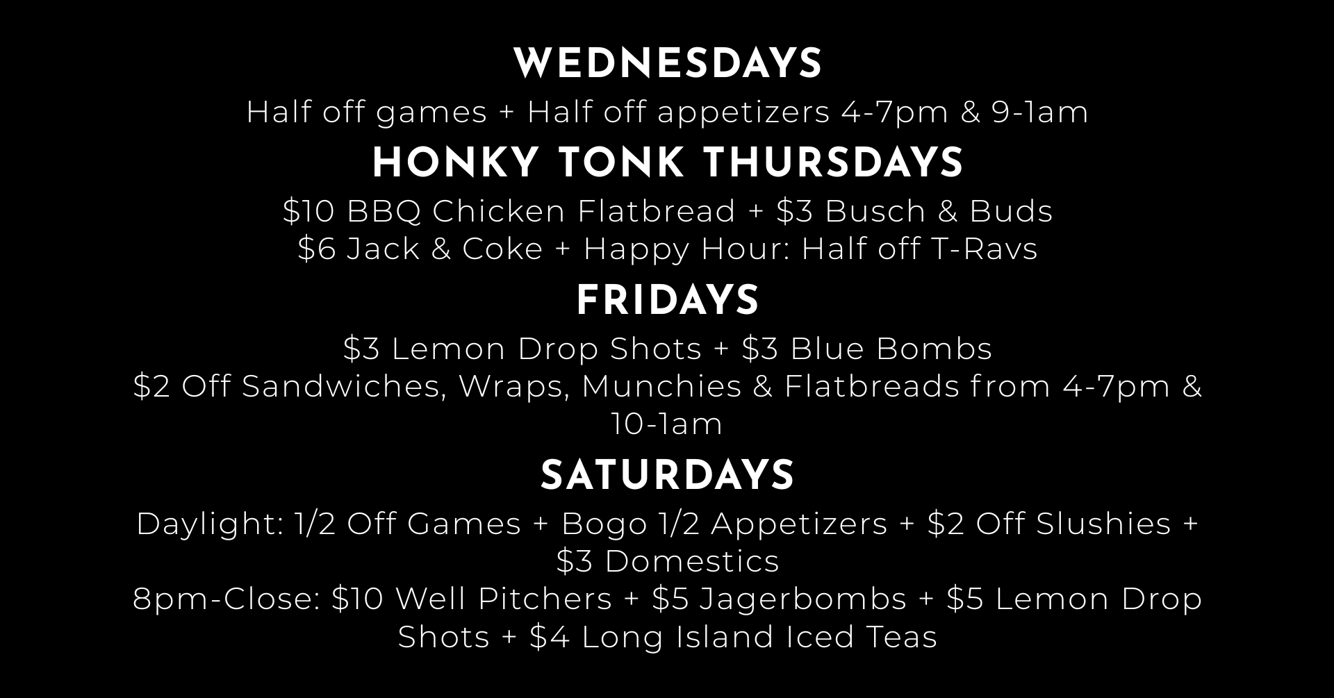Weekly happy hour and daily deals at Silverball Columbia, MO.