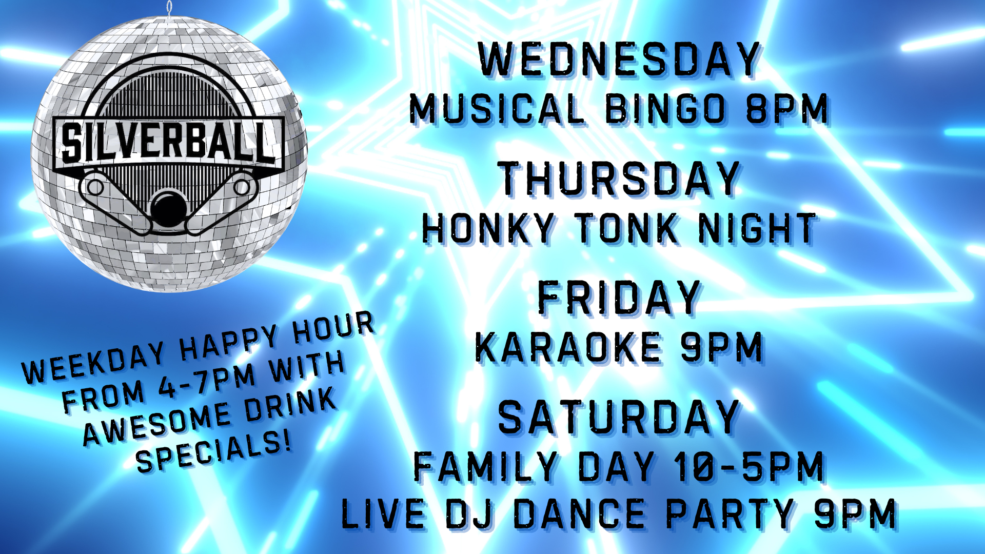 Weekly events list at Silverball in Columbia Missouri.