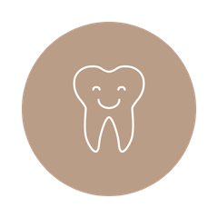 A line drawing of a smiling tooth in a brown circle.