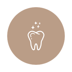 An icon of a tooth with stars around it on a brown background.