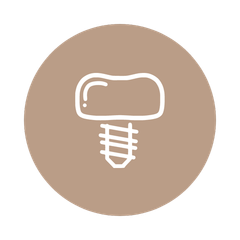 An icon of a dental implant in a brown circle.