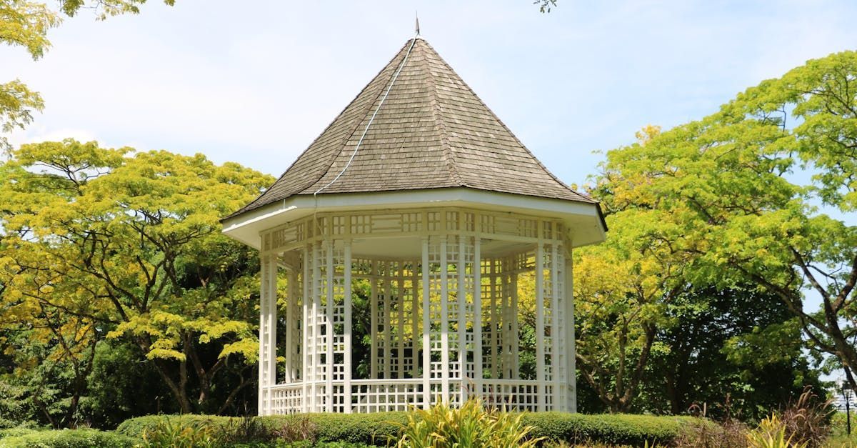 A white gazebo with a wooden roof is surrounded by trees in a park.