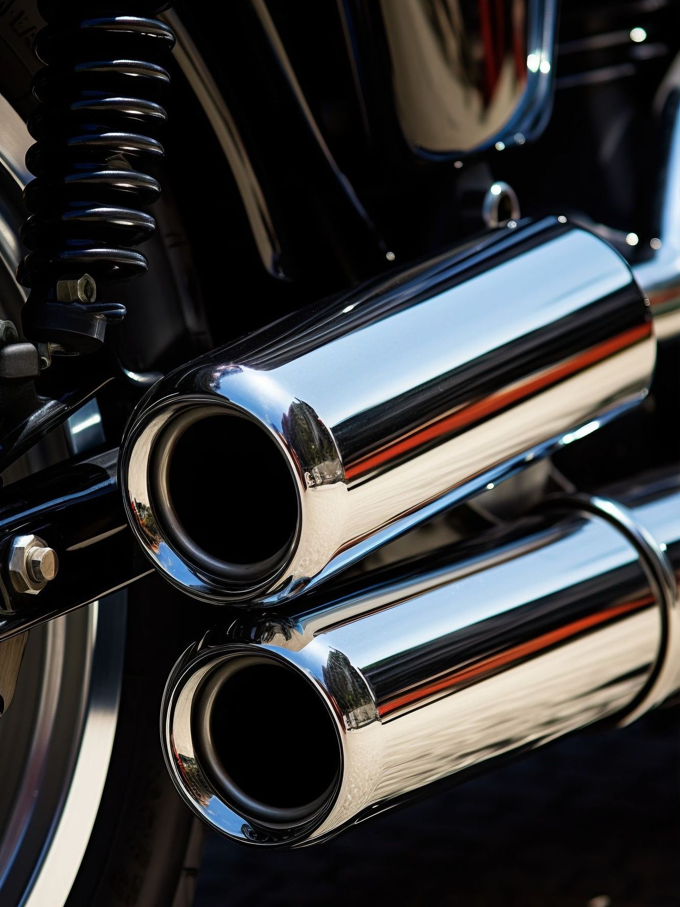 A close up of a chrome exhaust pipe on a motorcycle