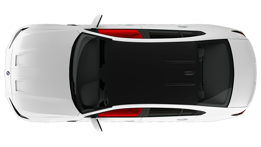 Overhead view of a white car with a black roof, red trim, and visible interior details.