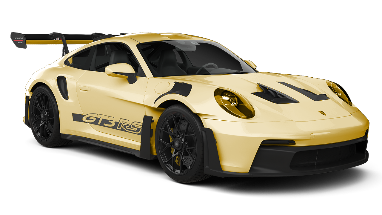Yellow Porsche GT3 RS sports car with black accents.