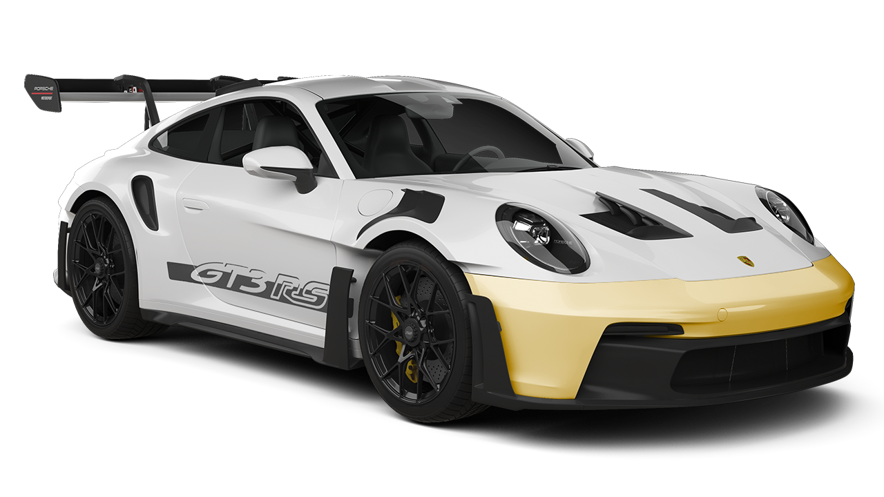 A white and yellow porsche 911 gt3 rs with a wing on a white background.