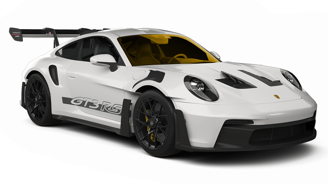 A white porsche 911 gt3 rs is shown on a white background.