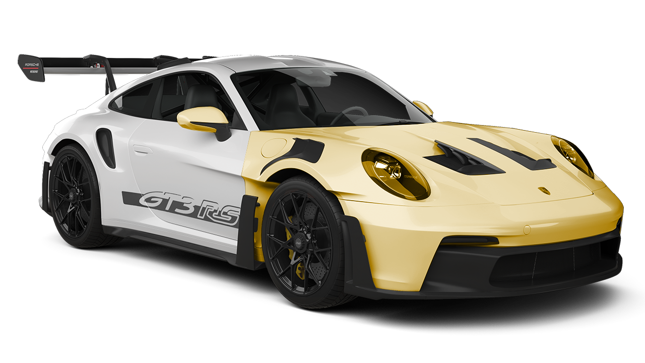 A white and gold porsche 911 gt3 rs with a wing on a white background.