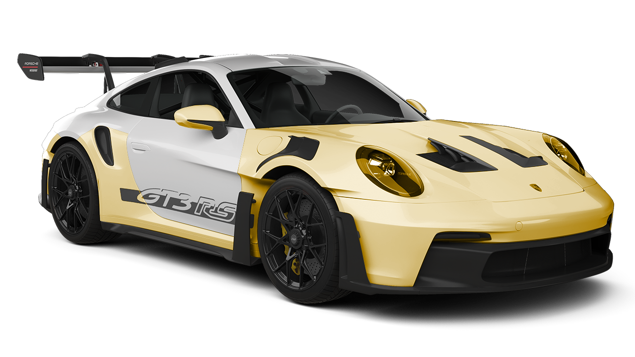 Silver and gold Porsche 911 GT3 sports car, angled view.