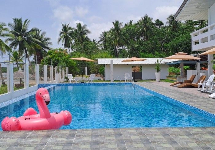 A swimming pool with an inflatable pink flamingo, lounge chairs, and umbrellas. Palm trees in the background.