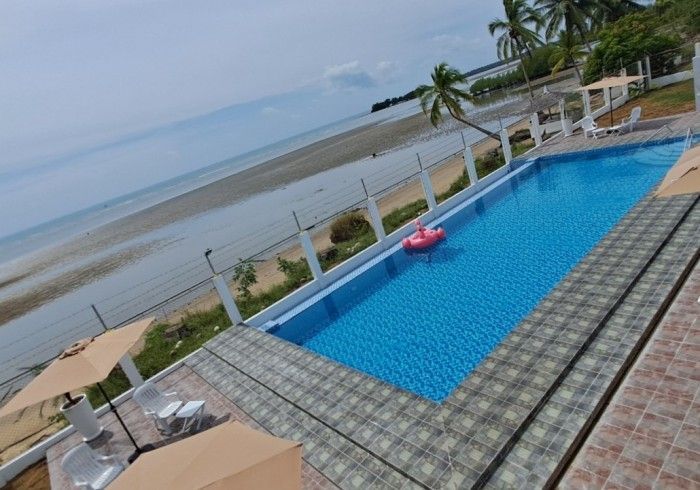Pool overlooking the beach with a pink flamingo float, palm trees, and umbrellas.