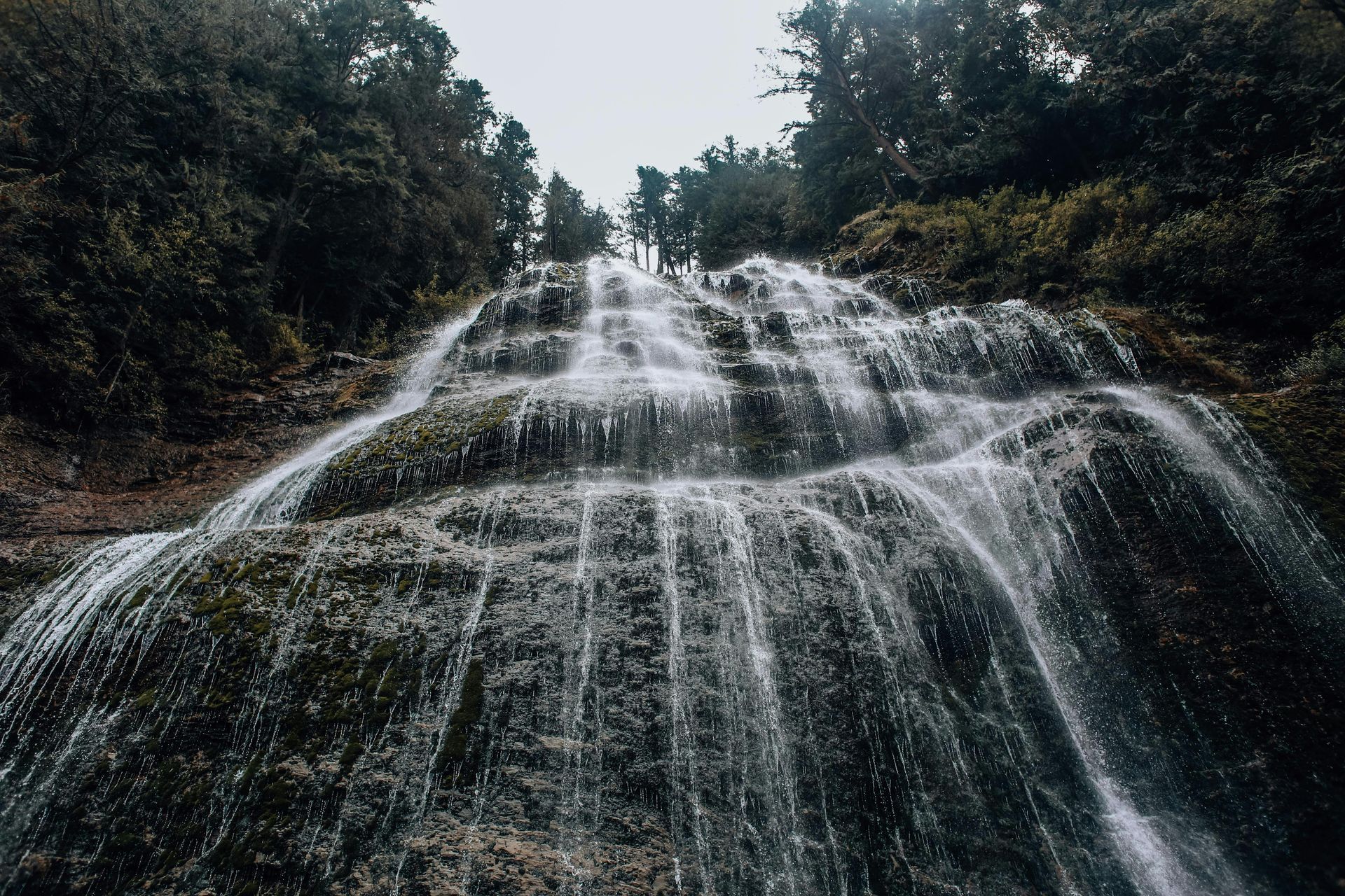 Waterfall cascading down mossy rocks, surrounded by lush green trees, under overcast sky.