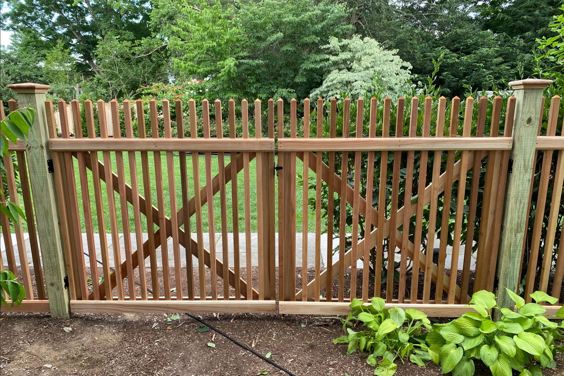 A wooden fence with a gate is surrounded by trees.
