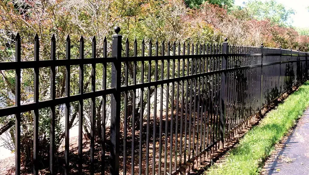 A black metal fence along a sidewalk with trees in the background.