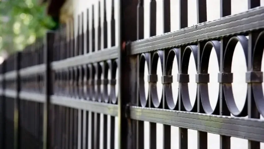 A close up of a wrought iron fence with a white background.
