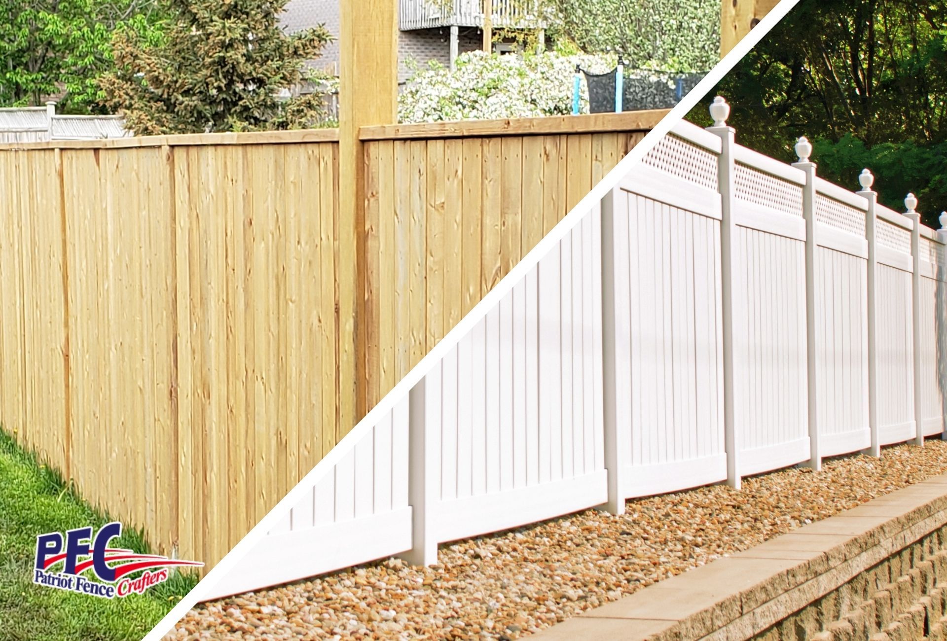 A wooden fence and a white fence are next to each other.