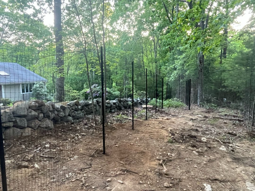 A fence is being built in the middle of a forest next to a stone wall.